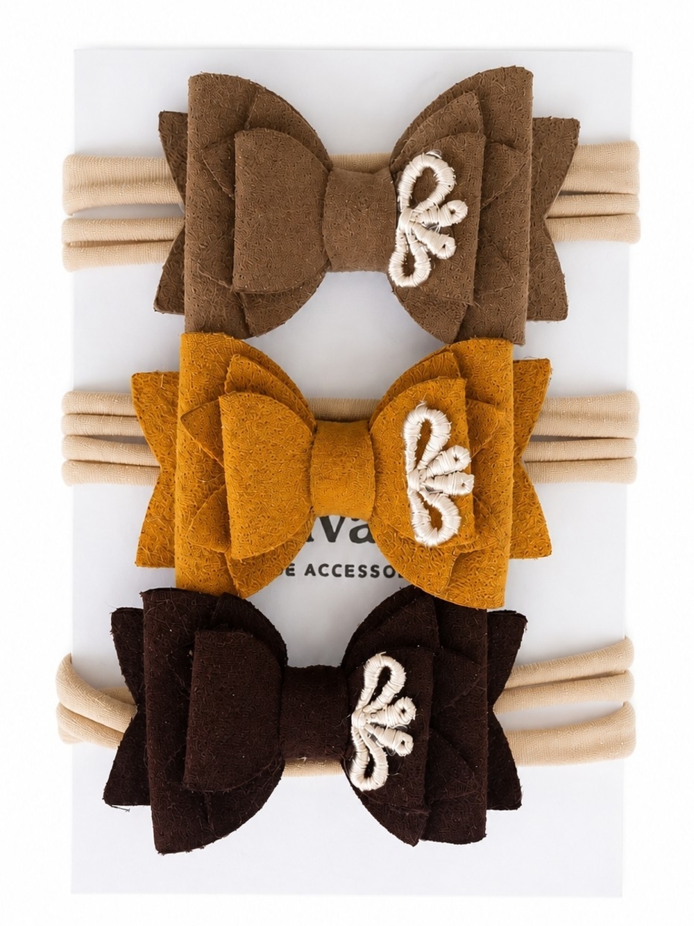 Handmade 3-Pack Girls Bow Headbands in Brown, Mustard & Dark Brown.
